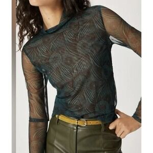 Anthropologie Blue Shirt  Turtleneck Green With Black Unique Print Small Boho
